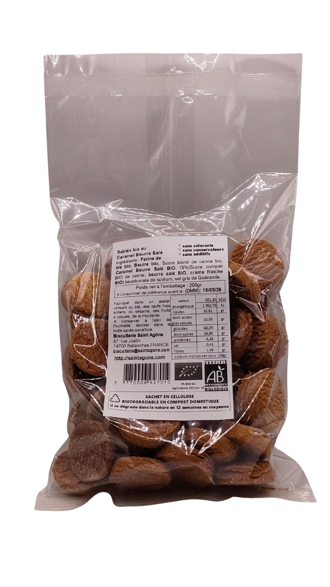 Sachet biodégradable transparent de 200g de Sablés bio au caramel beurre salé