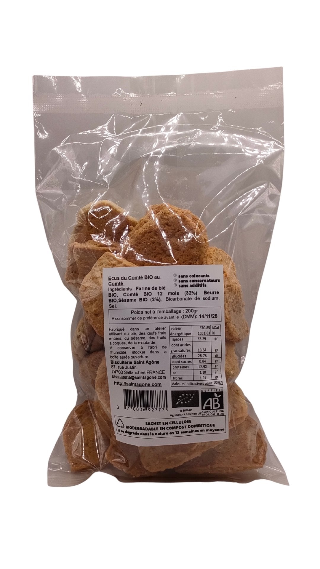 Sachet biodégradable transparent de 200g d'Ecus bio au Comté