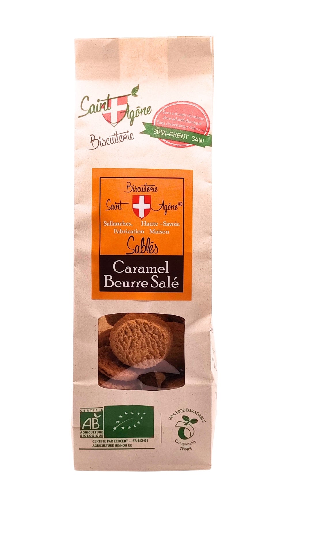 Devant du sachet biodégradable de sablés bio au caramel beurre salé